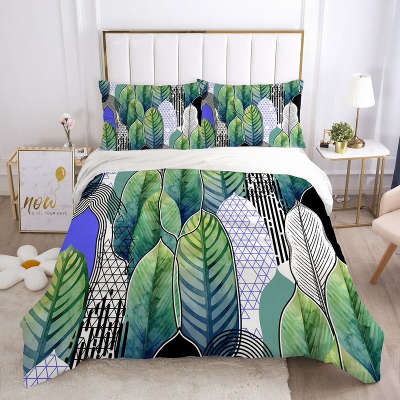 Green Leaf Bedding Set with Quilt Cover and Pillowcases - Multiple Sizes & Styles