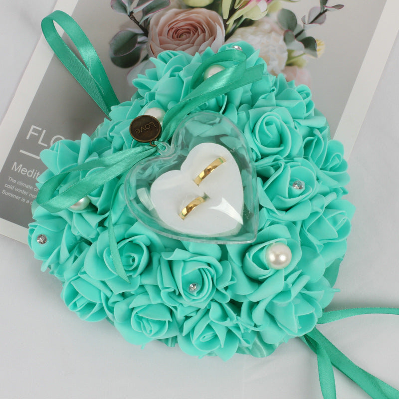 Wedding Pearl Ring Pillow with PE Foam Rose for Bridal Ceremony