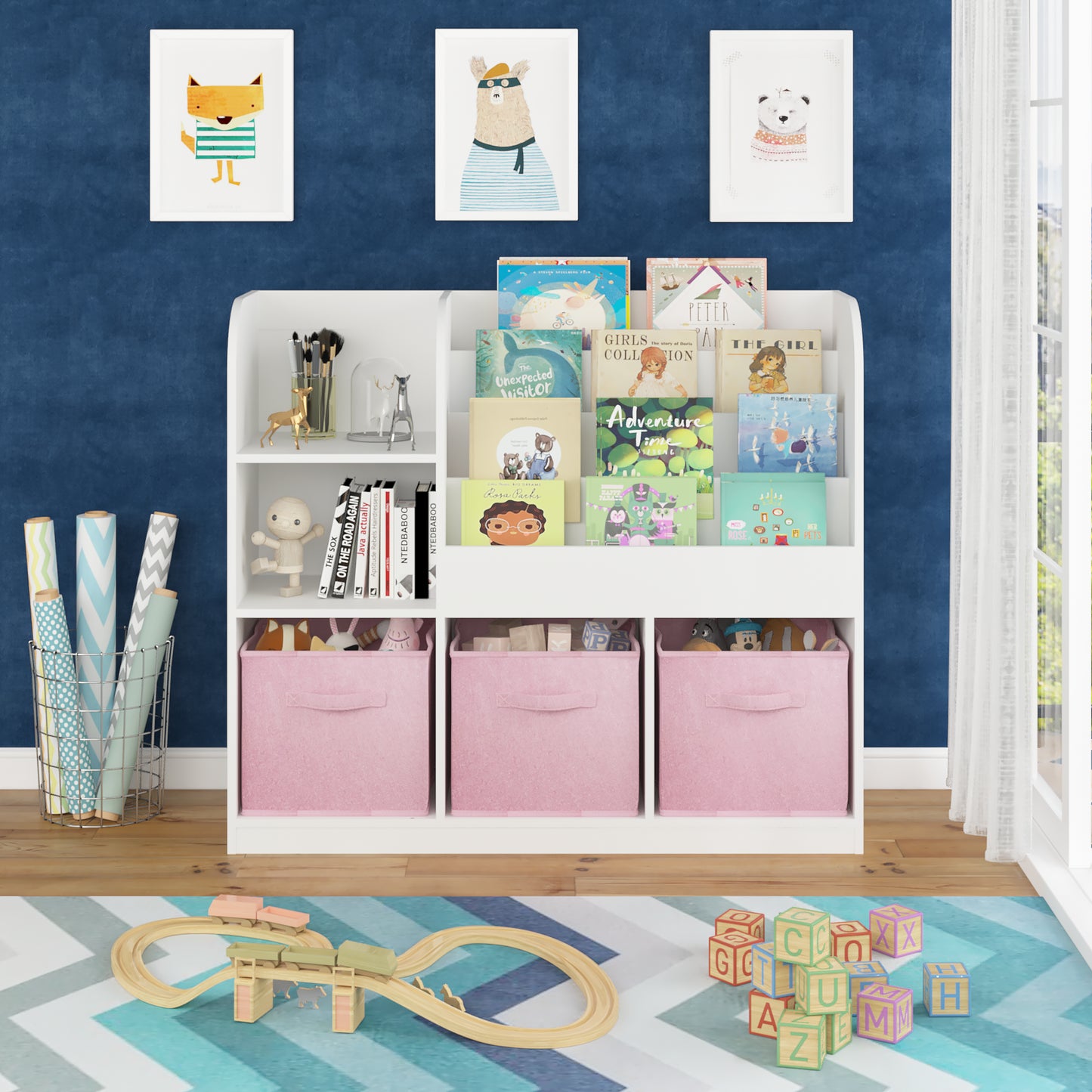 Kids Bookcase with 3 Fabric Drawers - White and Pink
