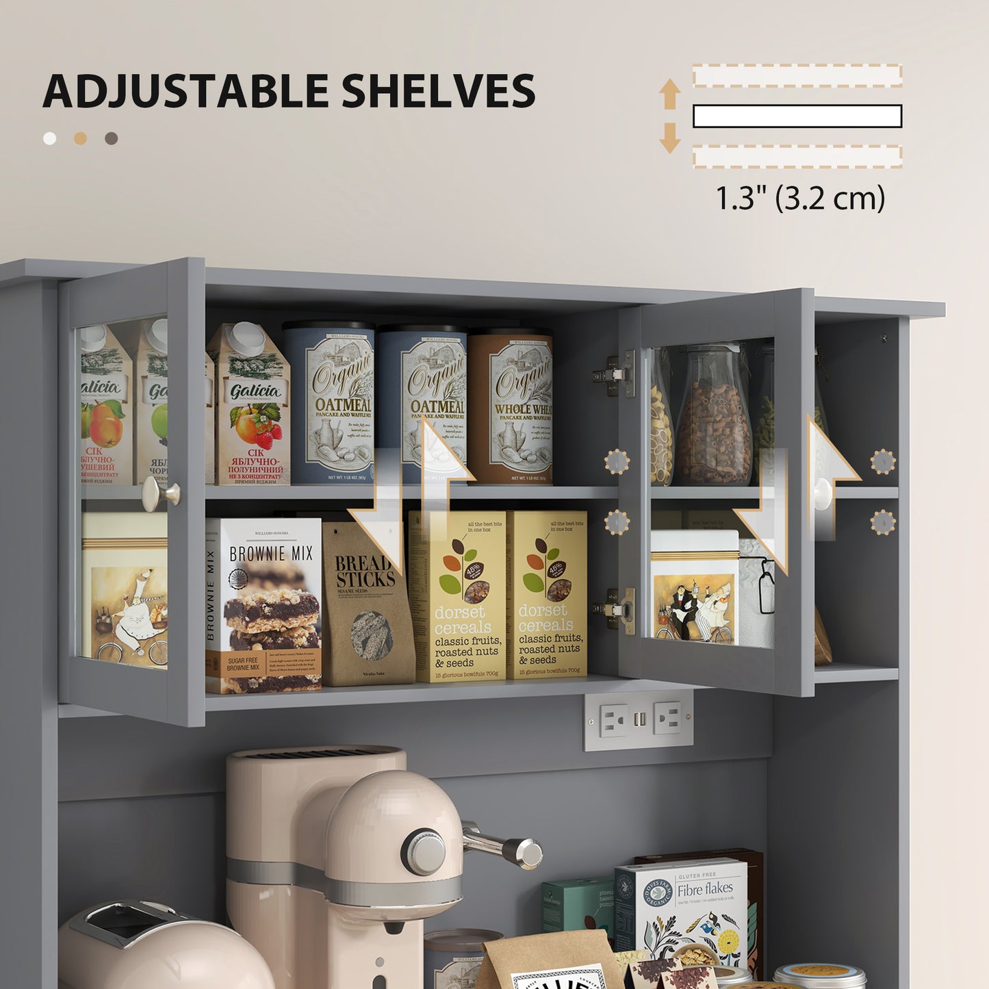 Kitchen Pantry Cabinet with Charging Station & Tilt-Out Cabinets - Gray