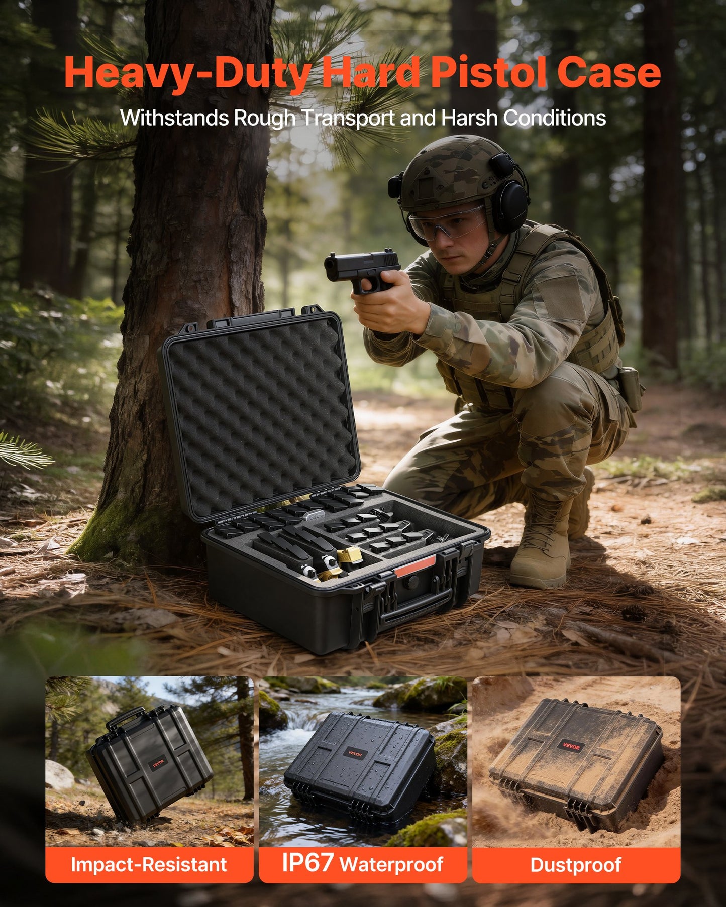 Heavy Duty Waterproof Gun Case with Foam Interior - TSA Compliant, Black