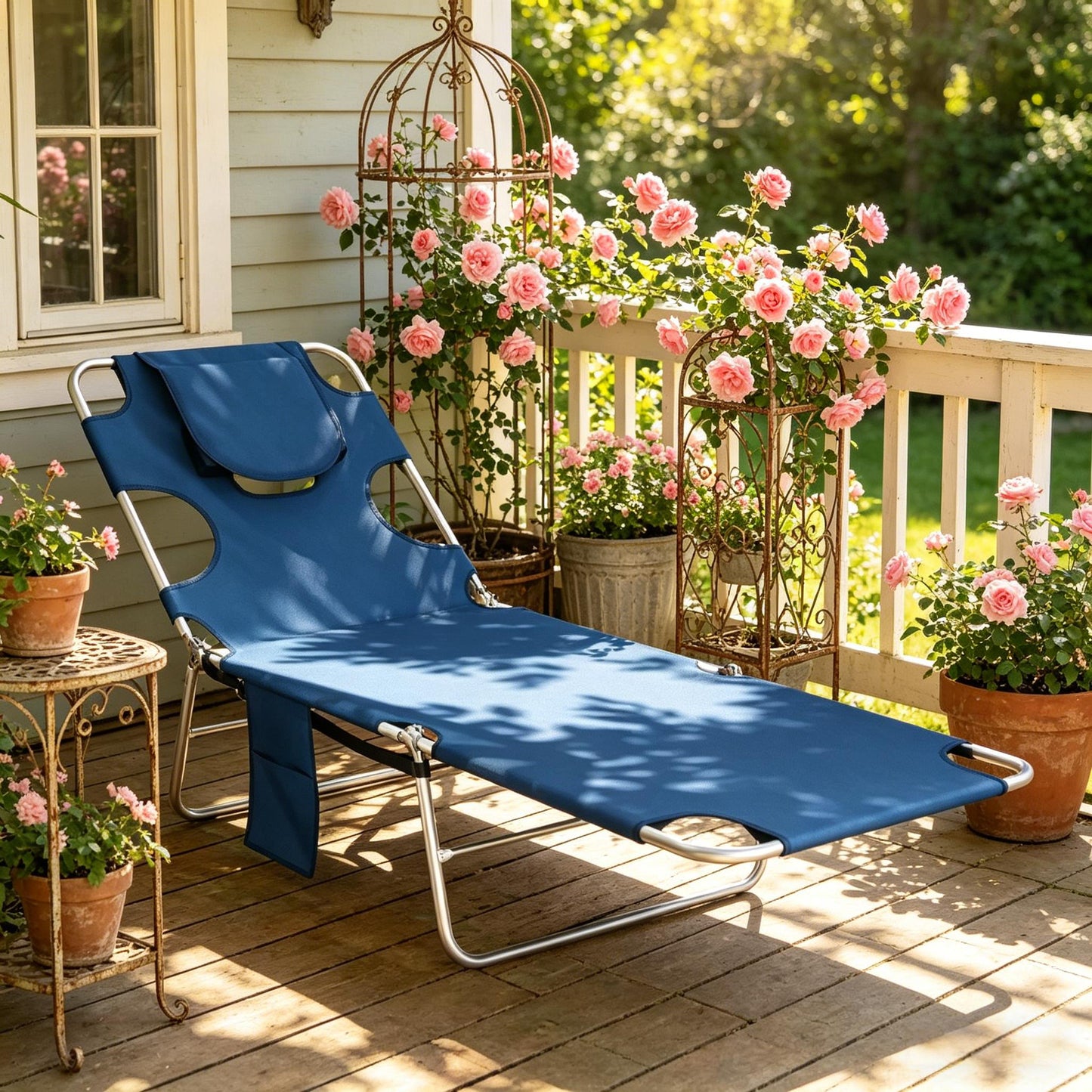 Adjustable Outdoor Chaise Lounge Chair - Dark Blue & Silver