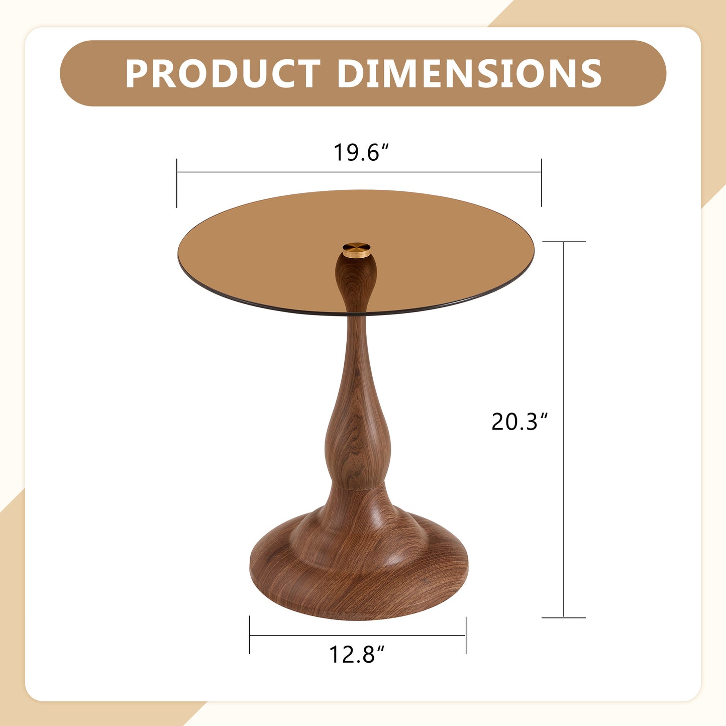 Small Round Metal Side Table with Glass Top - Walnut Finish