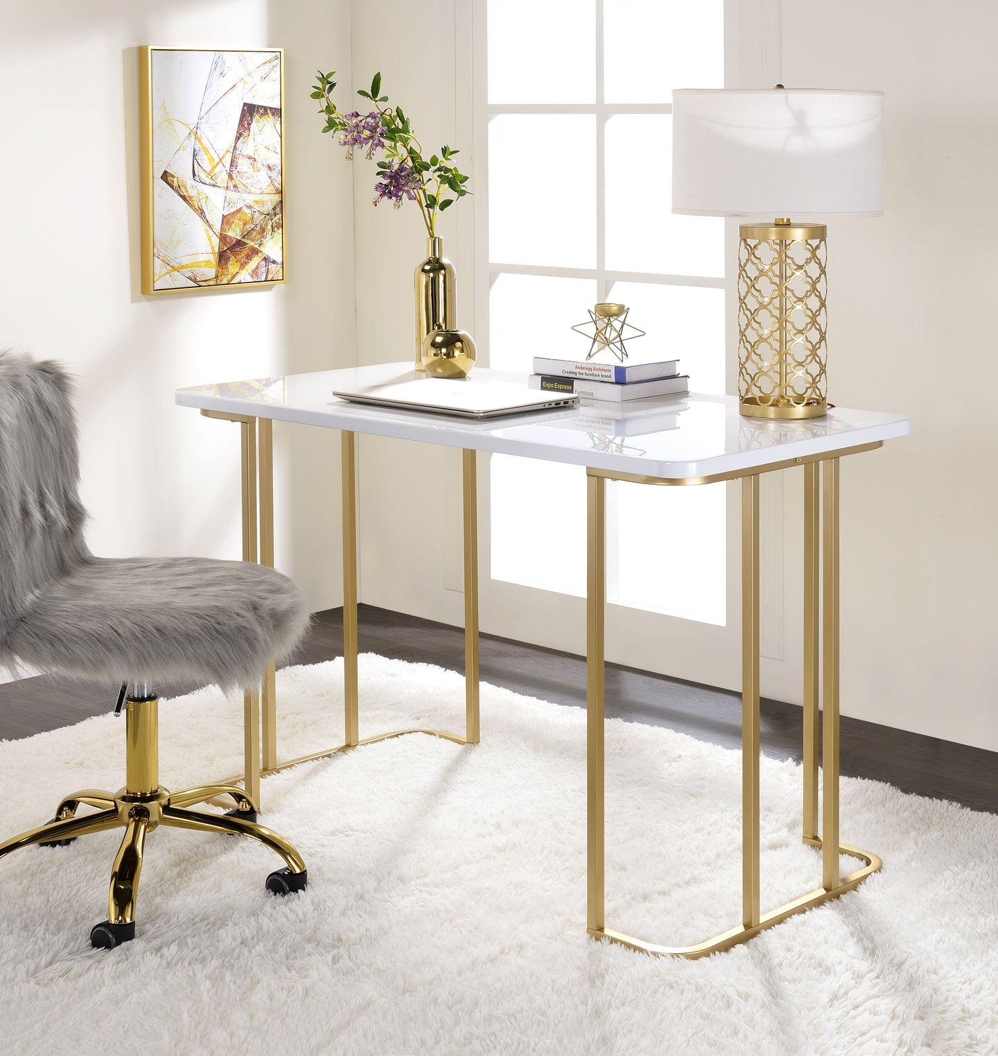 Estie White & Gold Finish Writing Desk - Rectangular Design