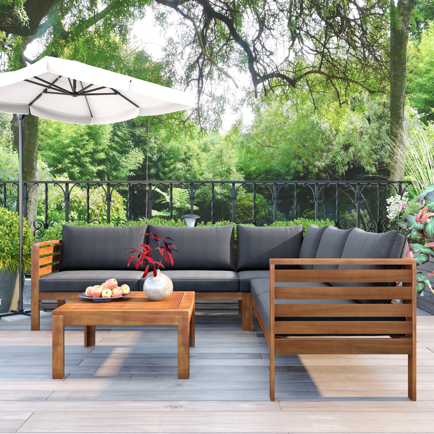 Wood Structure Outdoor Sofa Set With Gray Cushions Exotic Design