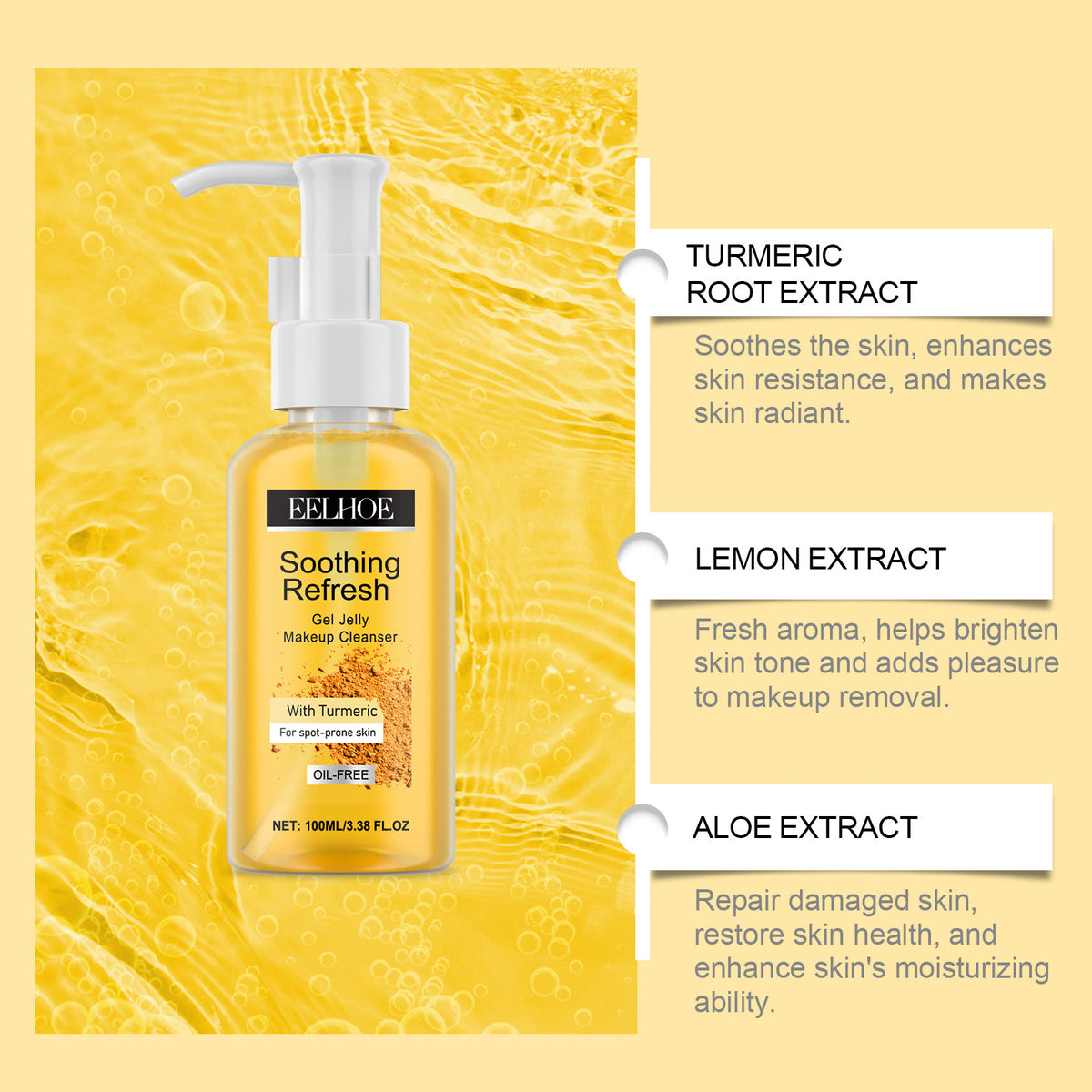 Turmeric Makeup Remover Gel - Gentle Facial Cleansing with Glycerin & Natural Extracts 100ml