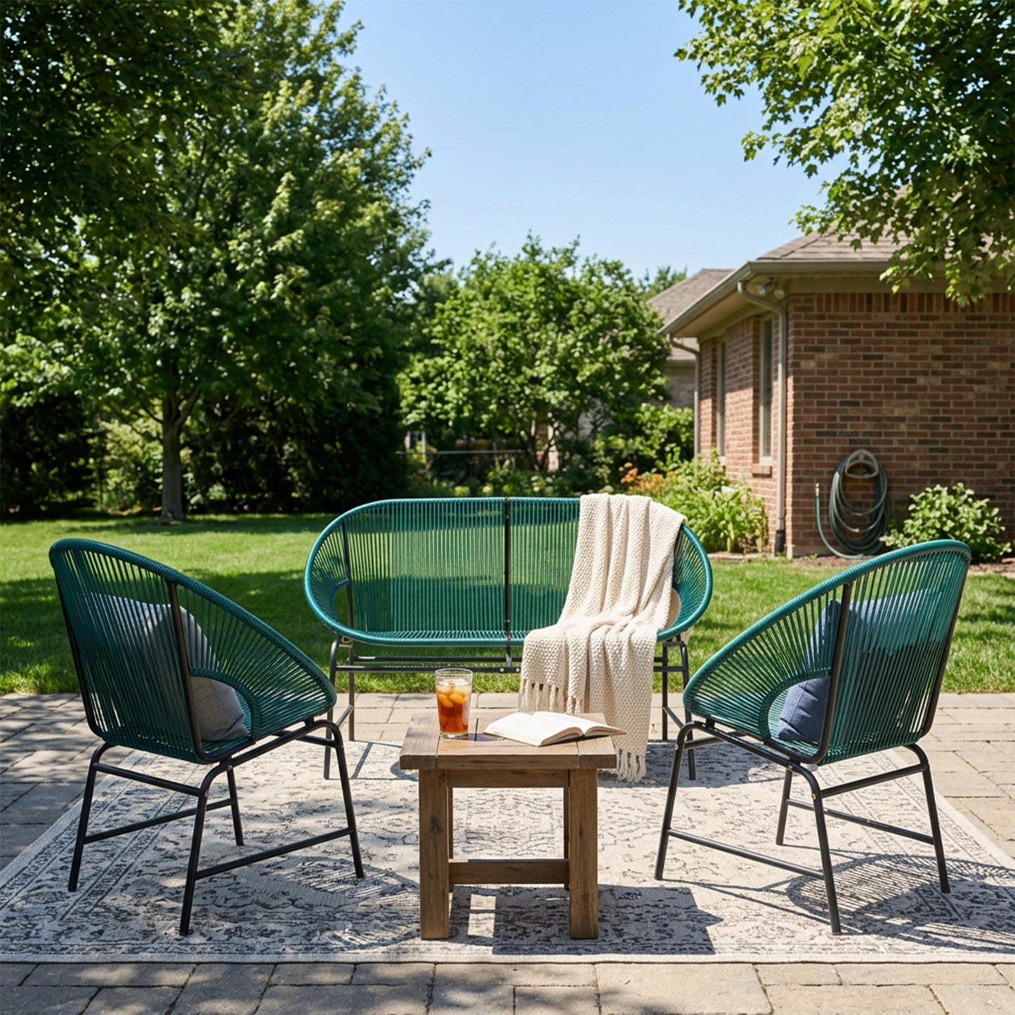 NUSA OUTDOOR PATIO WICKER 3-PCS CHAT SET, TEAL PE RATTAN & IRON FRAME
