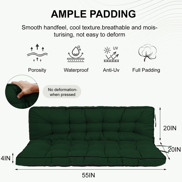 Outdoor Swing Cushions 55 Inch Waterproof 4-Inch Thick Replacement with Backrest & Ties - Green