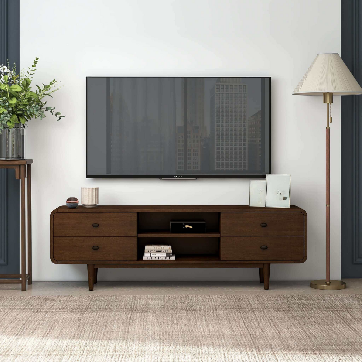 Alexa Mid Century Modern Style TV Stand With Walnut Finish And Solid