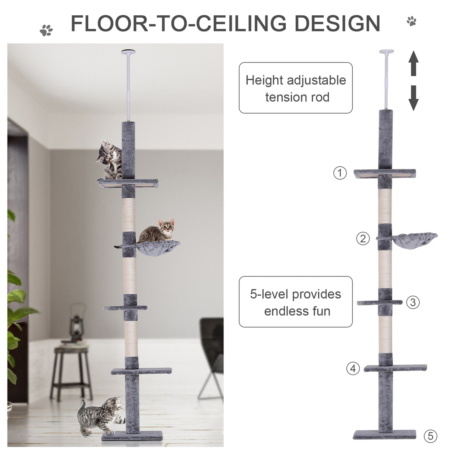 Adjustable 102-Inch Cat Tree with Multiple Platforms, Scratching Posts & Hammock - Gray