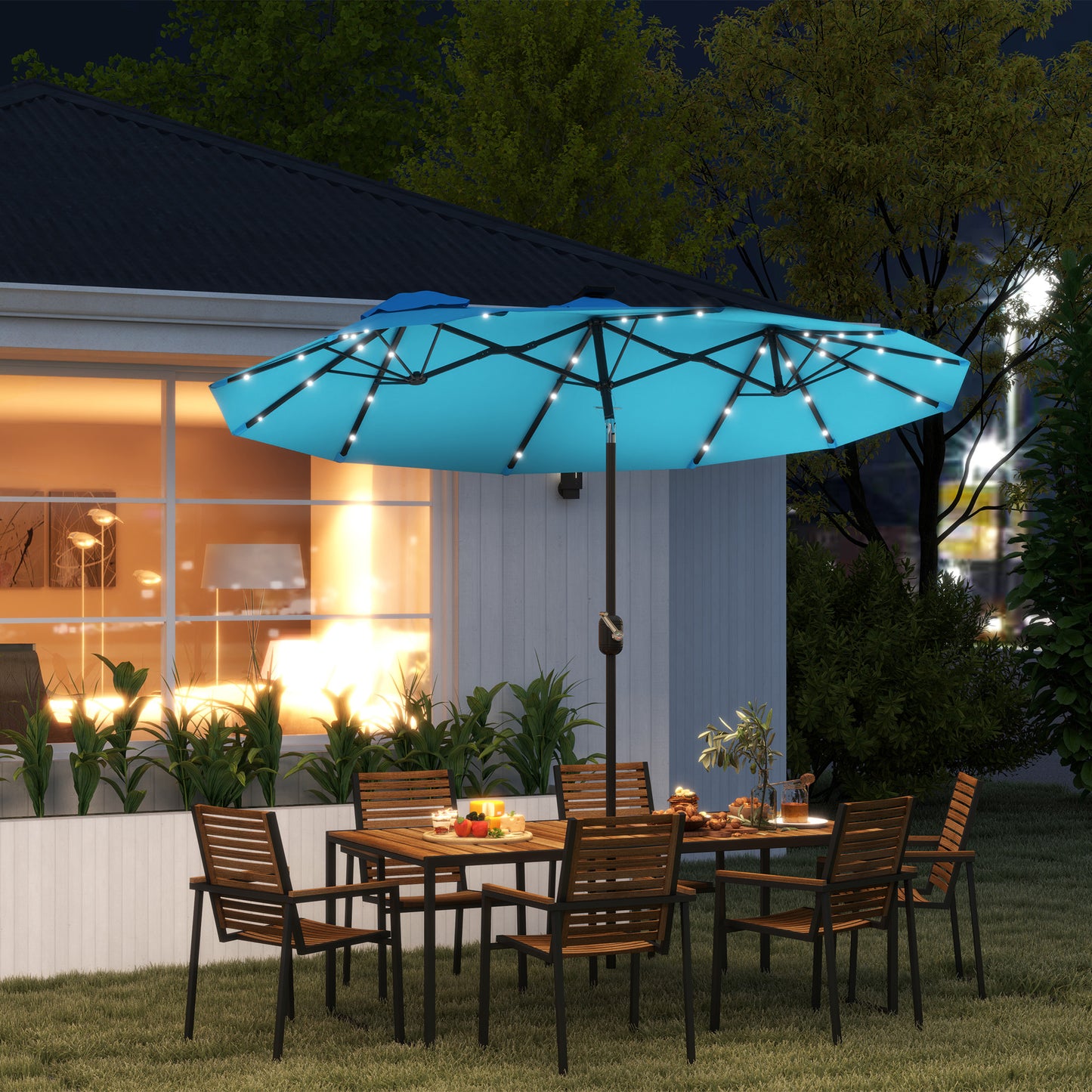 Double-Sided Outdoor Umbrella with LED Solar Light - Light Blue