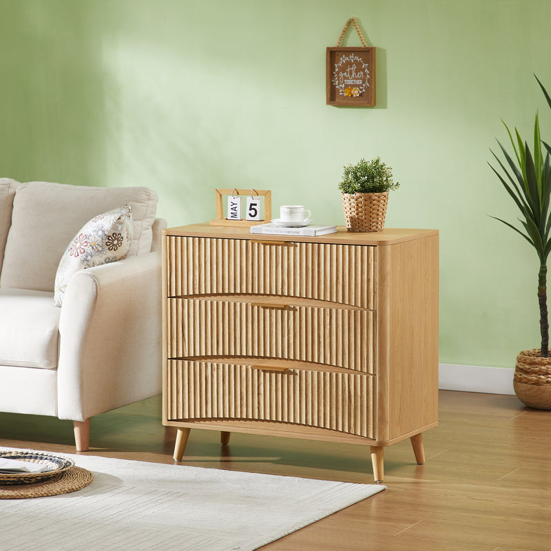Fluted 3-Drawer Dresser - Mid-Century Modern Oak Storage Cabinet