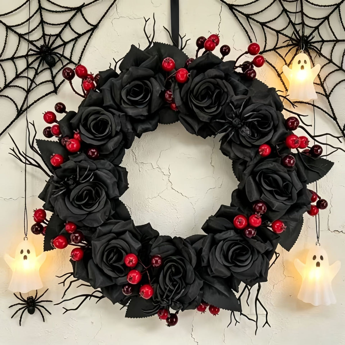 Halloween Wreath Decoration with Dried Branches and Roses - Handmade Festive Home Decor