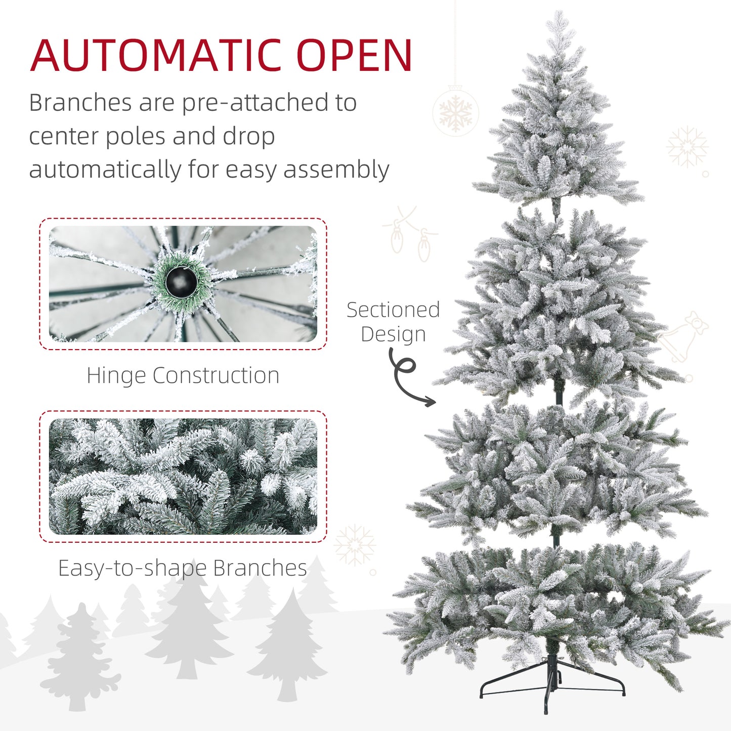 8ft Snow-Flocked Christmas Tree with Hinged Branches - Green