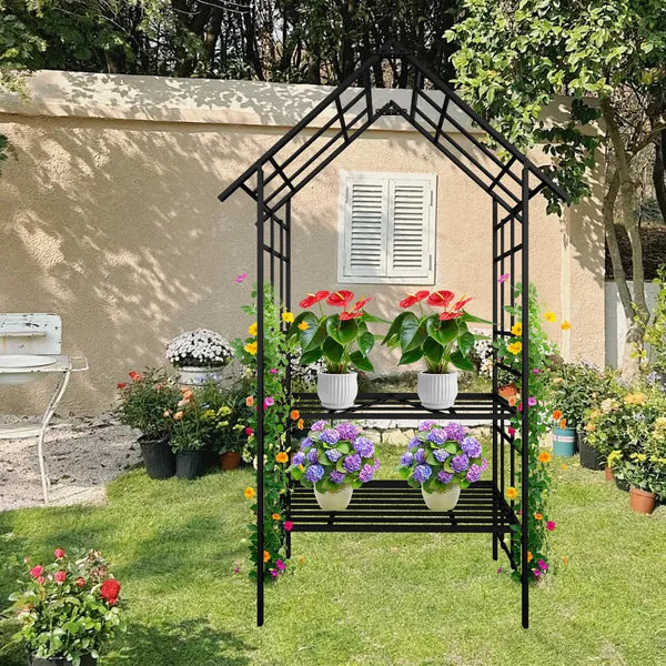 Metal Garden Arch with Bench - Climbing Plant Support, Black