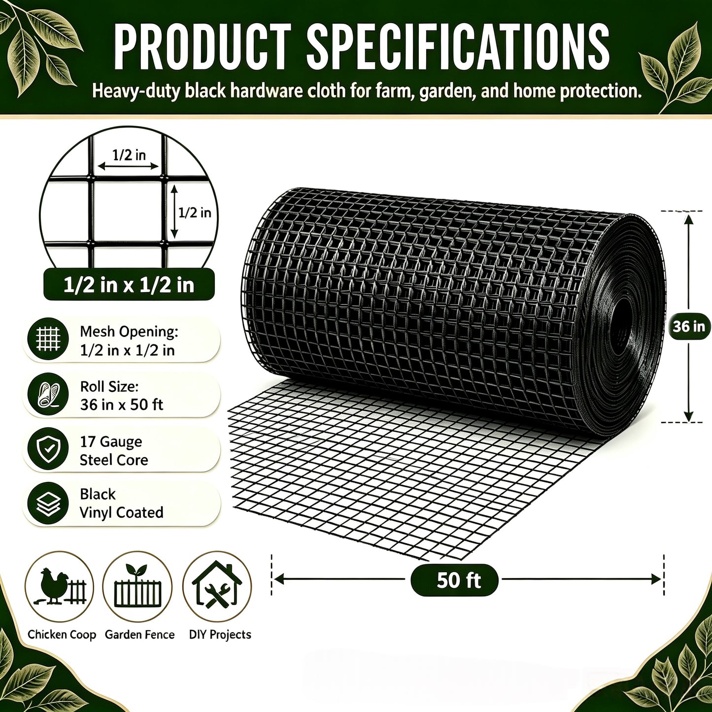 Black Metal Mesh Fencing Roll - 36in x 50ft Chicken Wire
