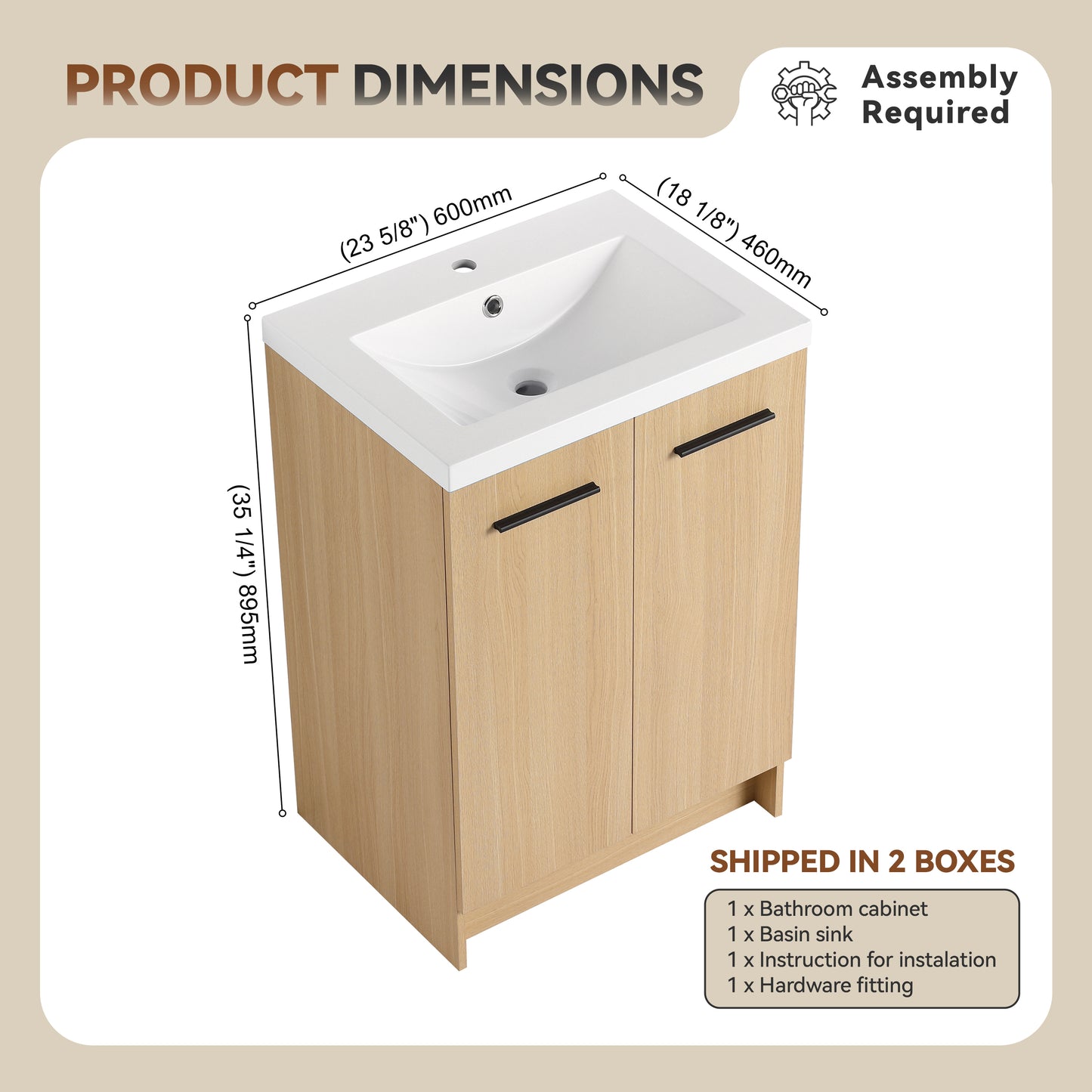 24" Freestanding Bathroom Vanity with Resin Sink - Light Oak