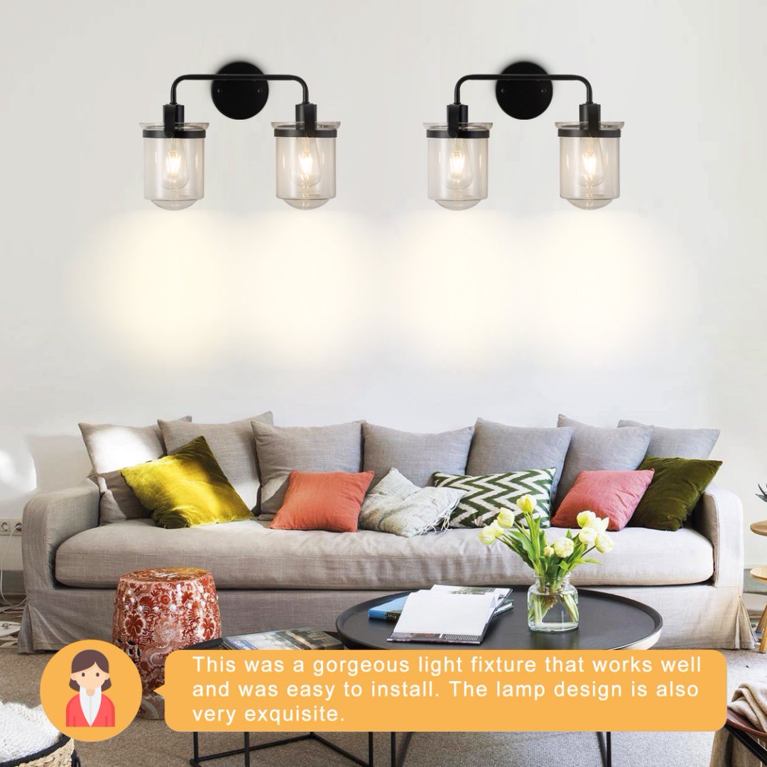 Modern Black Wall Sconce Light with Clear Glass Shade - Indoor Indoor Fixture for Bathroom Bedroom Living Room Kitchen Sink - E26 Socket