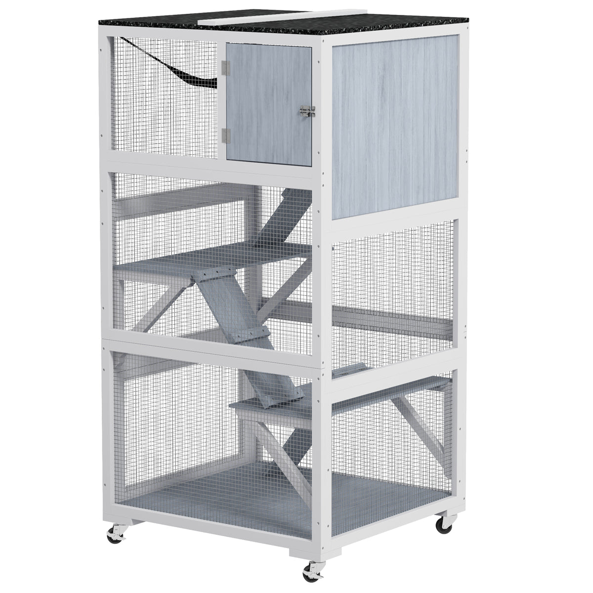 Outdoor Cat Enclosure House with Wheels, Hammock & Ramps, Gray - 970x630x335mm