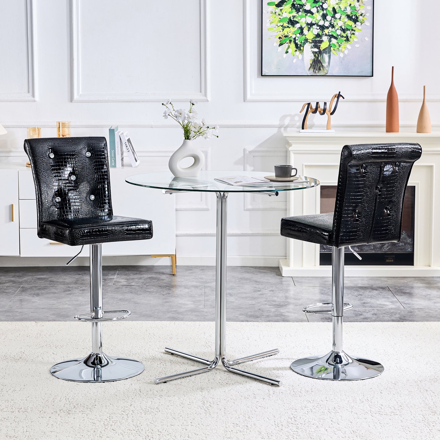 A Set Of 2 Black Vintage Crocodile Leather Lift Bar Chairs, Featuring