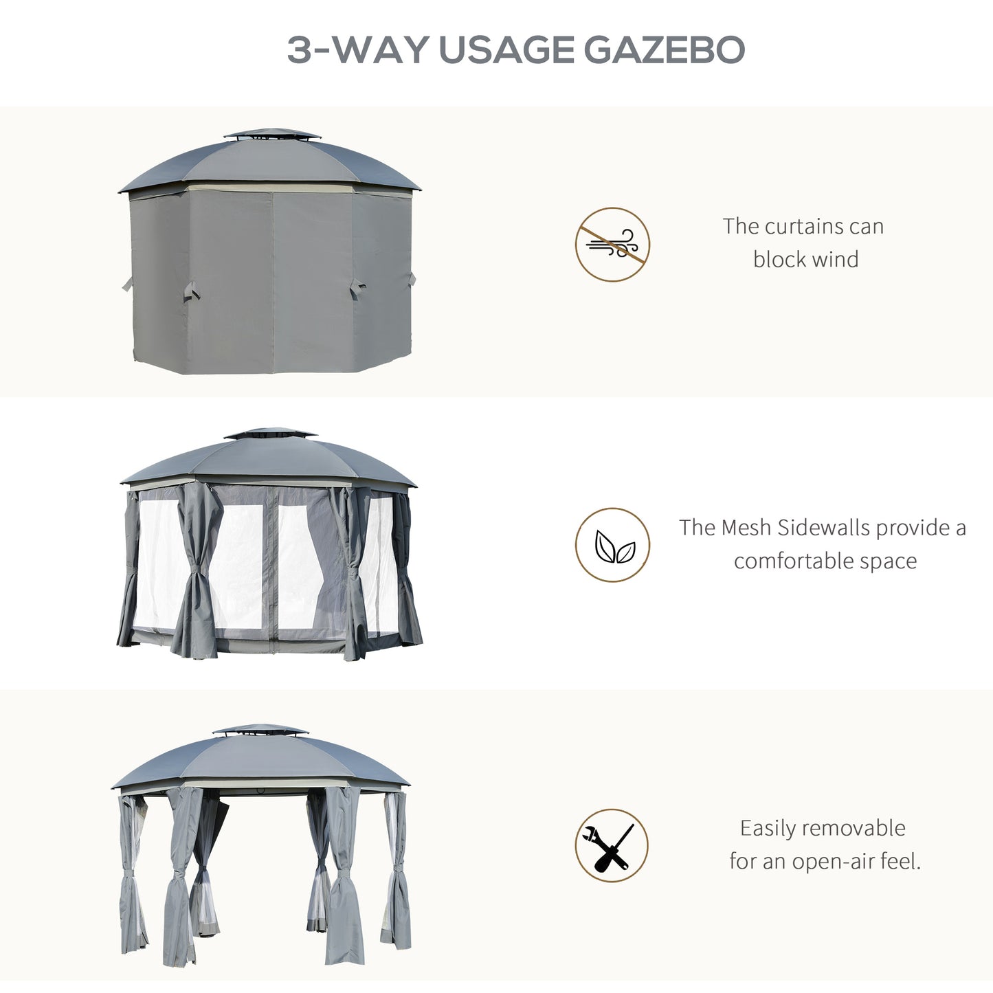 12-Foot Round Outdoor Gazebo Canopy with Double Roof & Curtains
