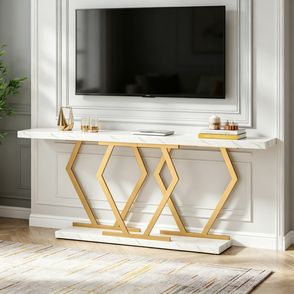Modern Faux Marble Console Table with Gold Frame - 70.9"