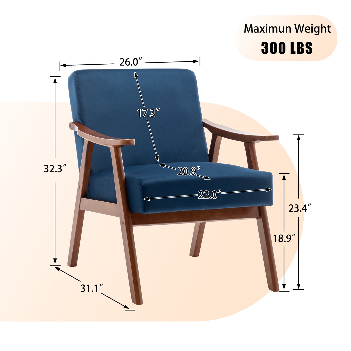 Mid-Century Modern Accent Chair - Blue Velvet Lounge Chair