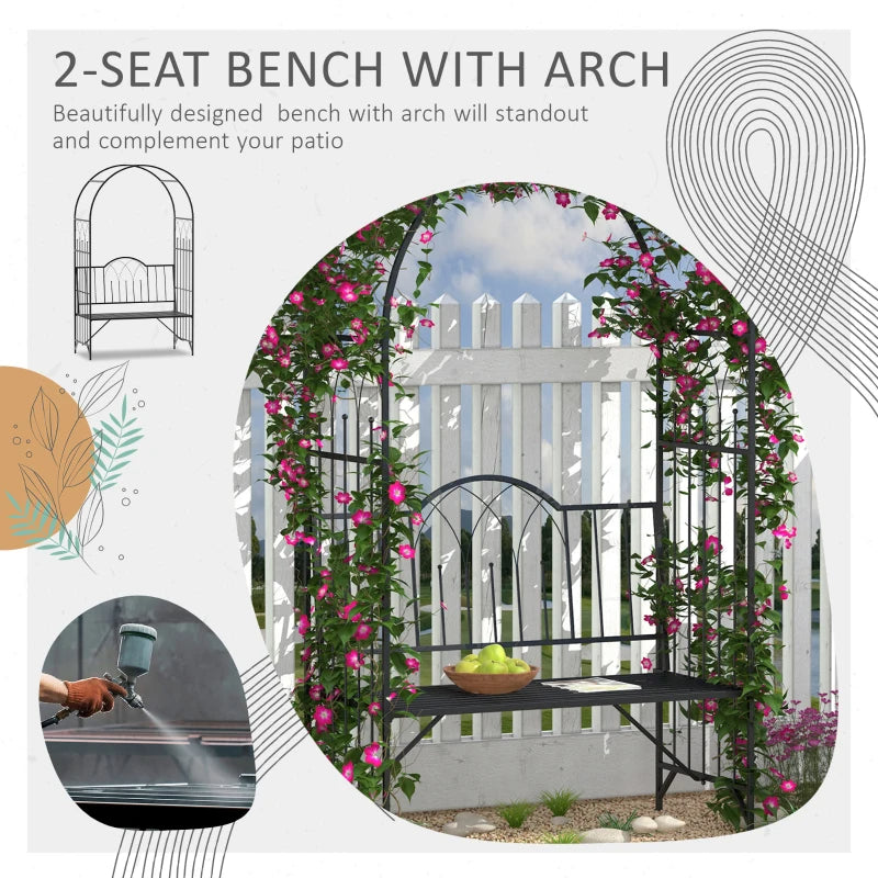 Outdoor Metal Trellis Arbor with Garden Bench for Climbing Plants, Black, 484 lbs Capacity