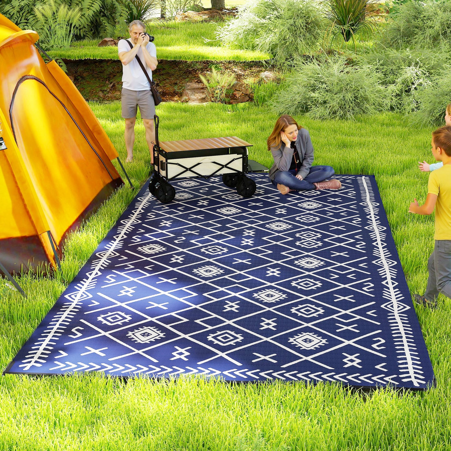 Reversible Outdoor Rug - Waterproof Blue & White Rhombus, 9' x 18'
