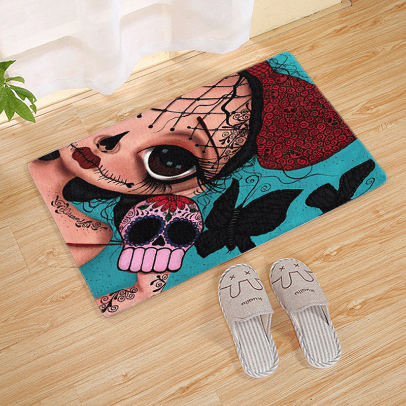 Halloween Flannel Floor Mat Non-Slip Bathroom Door Rug Skull Design