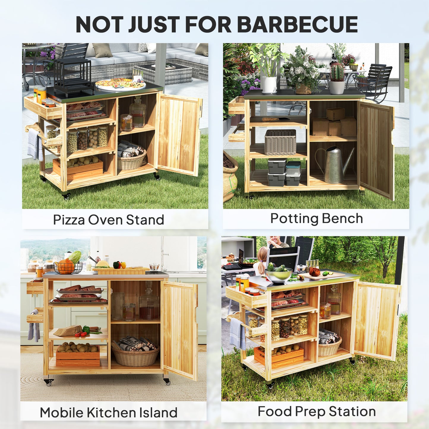 Outdoor Grill Cart with Stainless Steel Top & Solid Wood Frame