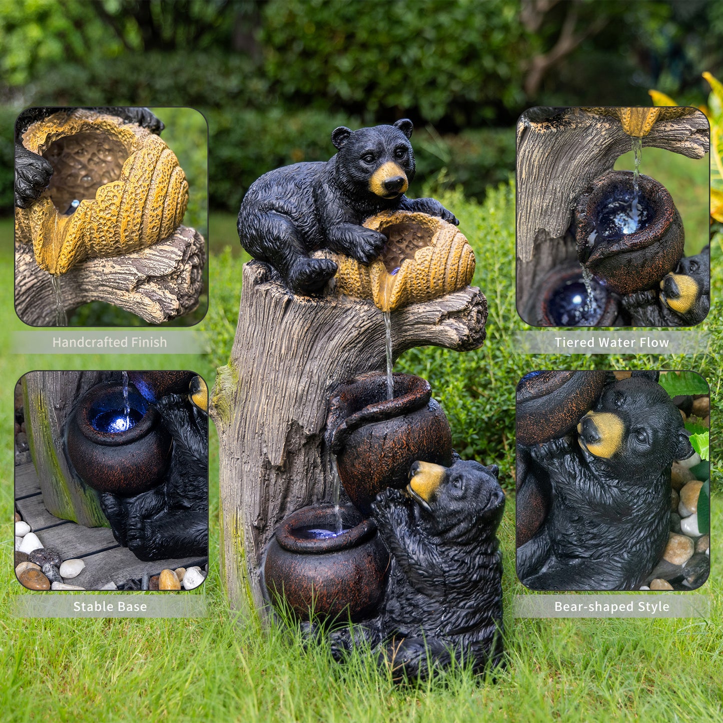 Bear Outdoor Water Fountain with LED Lights, Cascading Garden Decor, 23.6 Inches