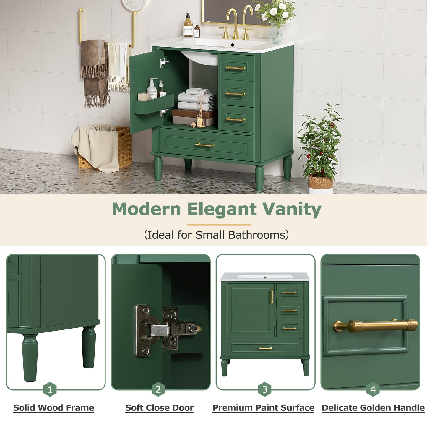 30" Green Bathroom Vanity Set with Soft Close Doors & Gold Handles