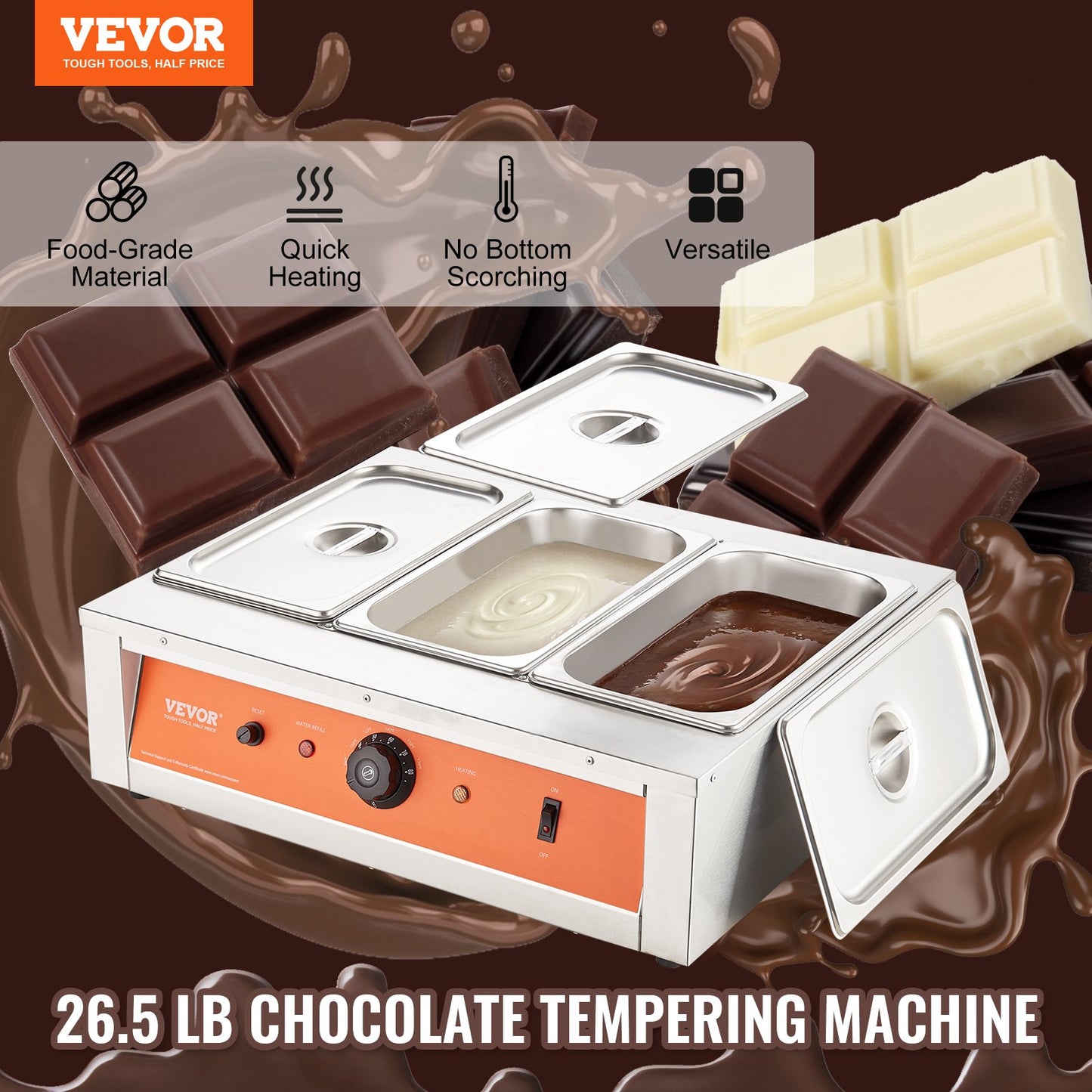 Chocolate Tempering Machine 26.5L Stainless Steel Commercial Warmer with Temp Control