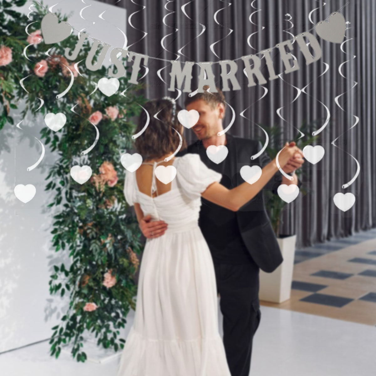 13-Piece Wedding Decoration Set with Just Married Banner & Swirls