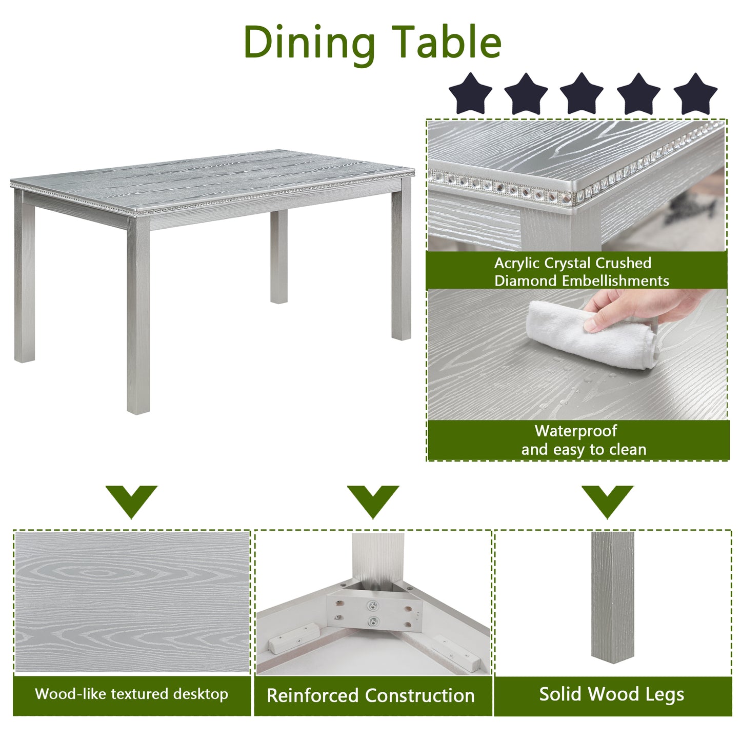 6-Piece Wooden Dining Table Set with Upholstered Chairs & Bench - Silver Grey