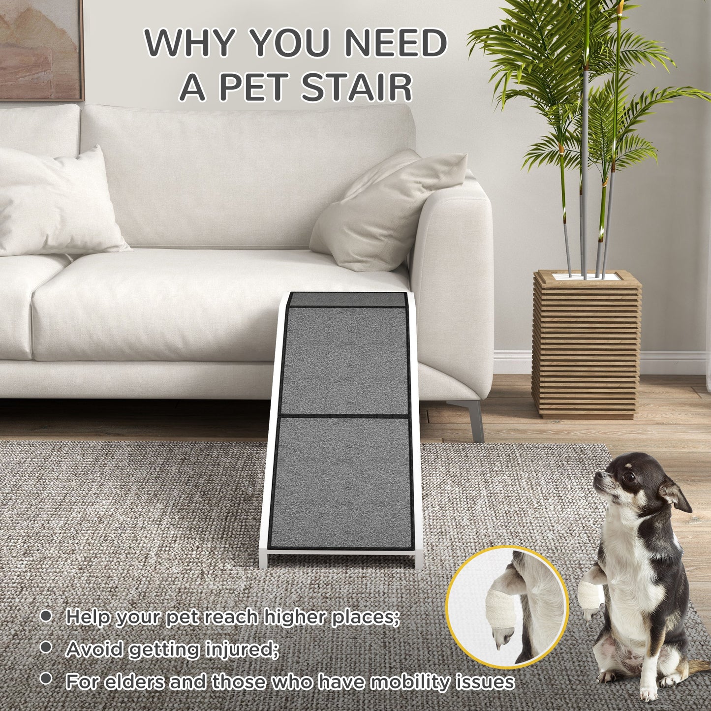 60-Inch Pet Ramp for Dogs and Cats with Non-Slip Carpet - White, Durable Wooden Design