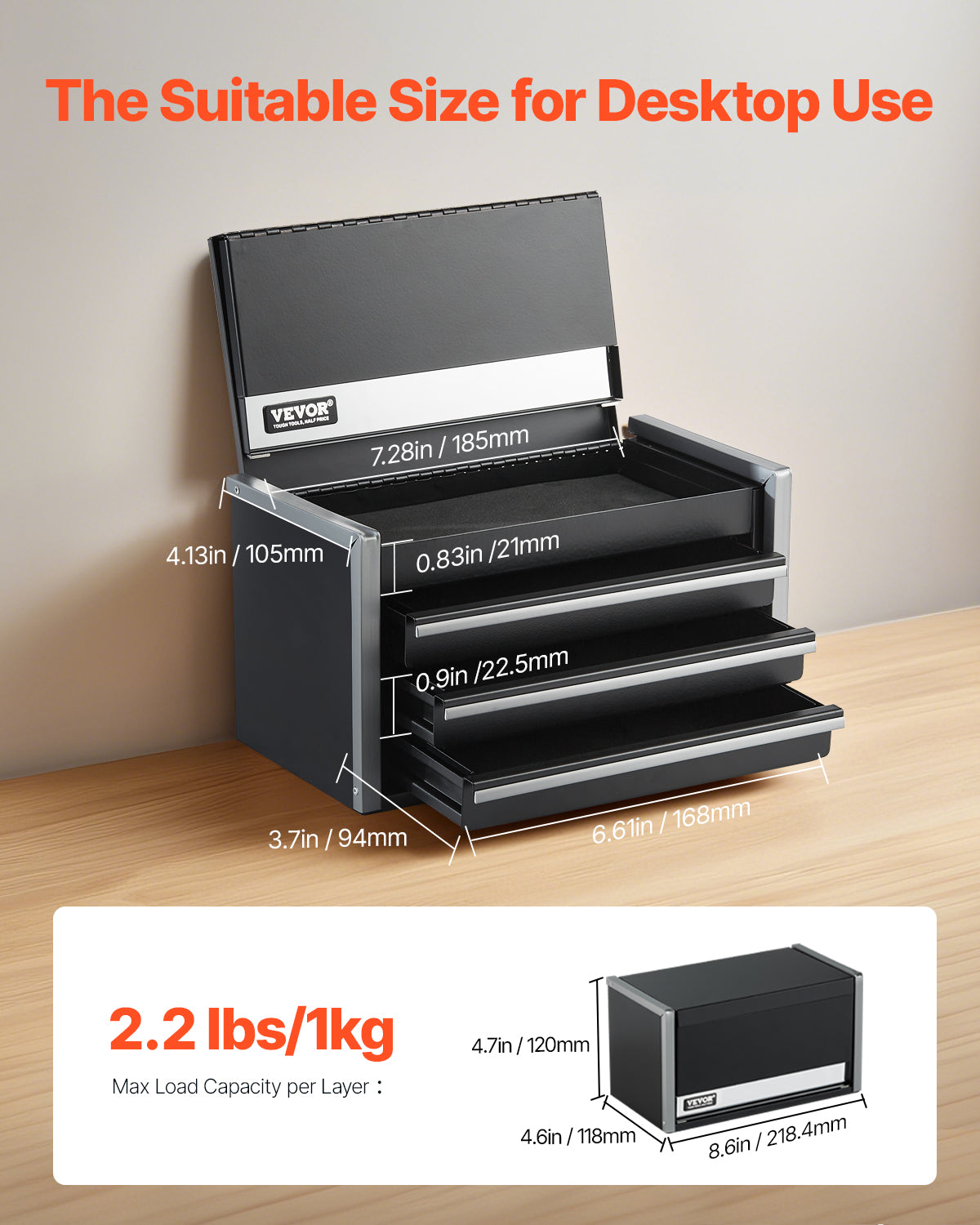 8.6-Inch Portable Metal Toolbox with 3 Drawers, Tool Organizer, Black