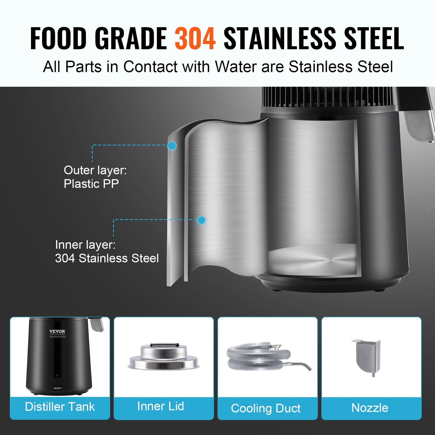 4L Stainless Steel Water Distiller - Home Countertop Purifier & Pure Water Maker