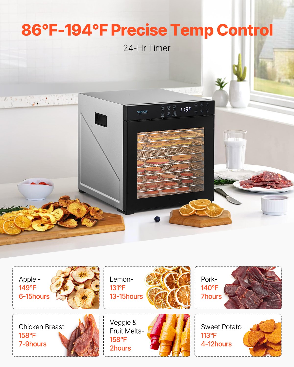 Food Dehydrator Machine 10 Trays Stainless Steel Digital Timer 1000W for Jerky Fruits Vegetables