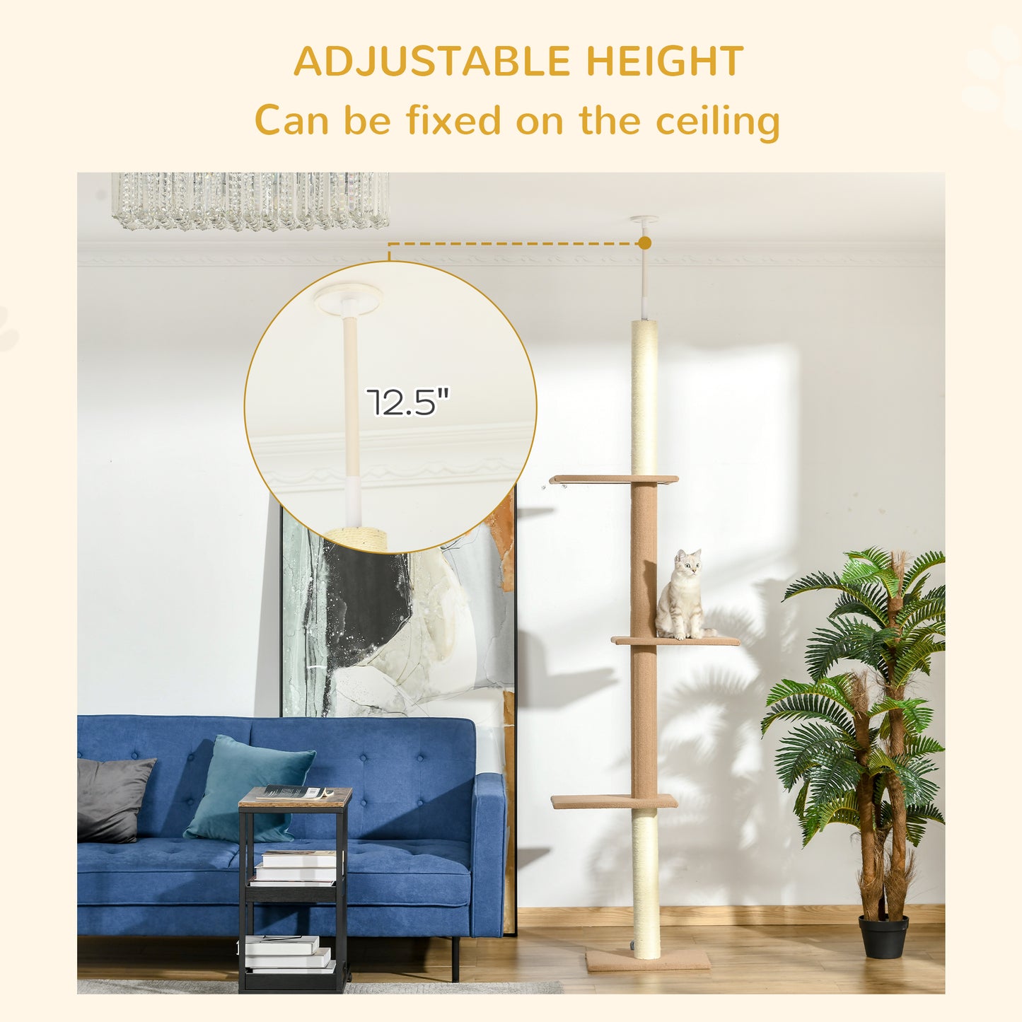 Floor-to-Ceiling Cat Tree Tower with Sisal Scratching Posts - Light Brown, 580x290x280 mm