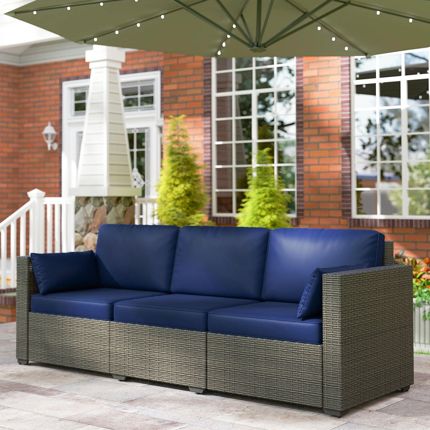 3-Seater Rattan Outdoor Sofa with Removable Cushions - Navy Blue