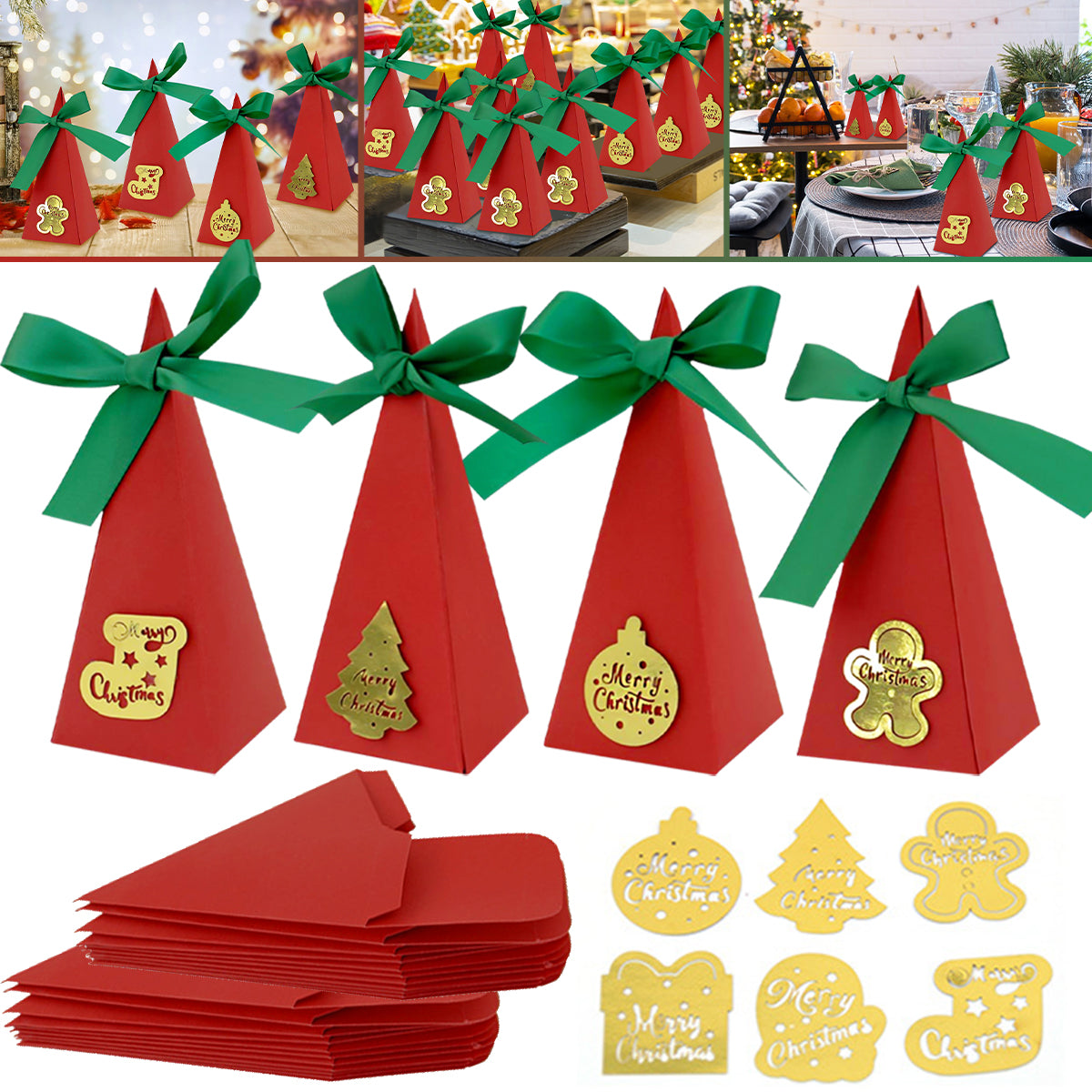 20-Pack Pre-Assembled Christmas Treat Boxes - Red Triangle Design