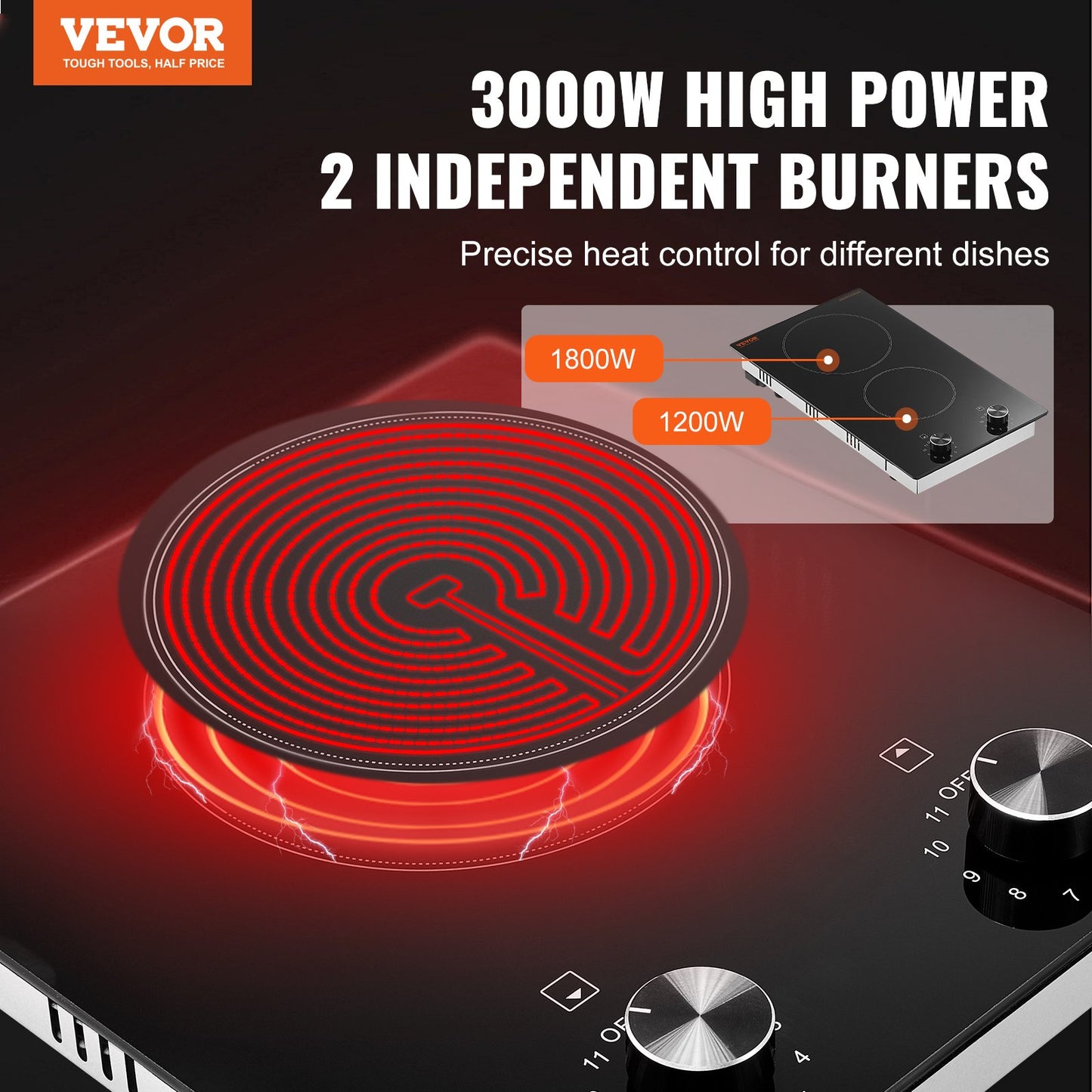 2 Burner Electric Cooktop with Knob Control 20.1x11.6 Inch Ceramic Stove - Black