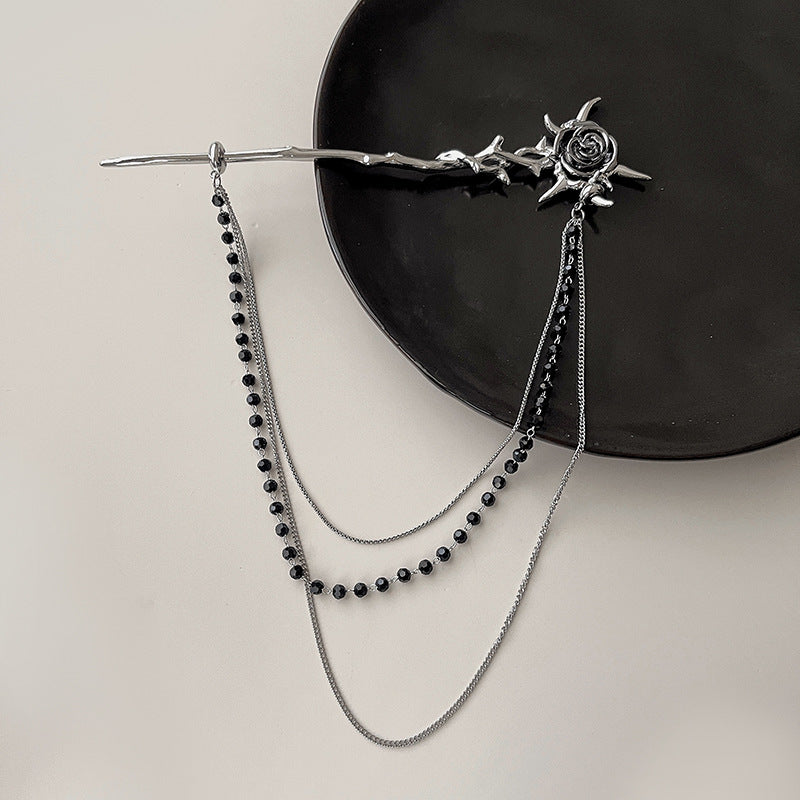 Rose Flower Chain Hairpin - Korean Style Metal Hair Stick