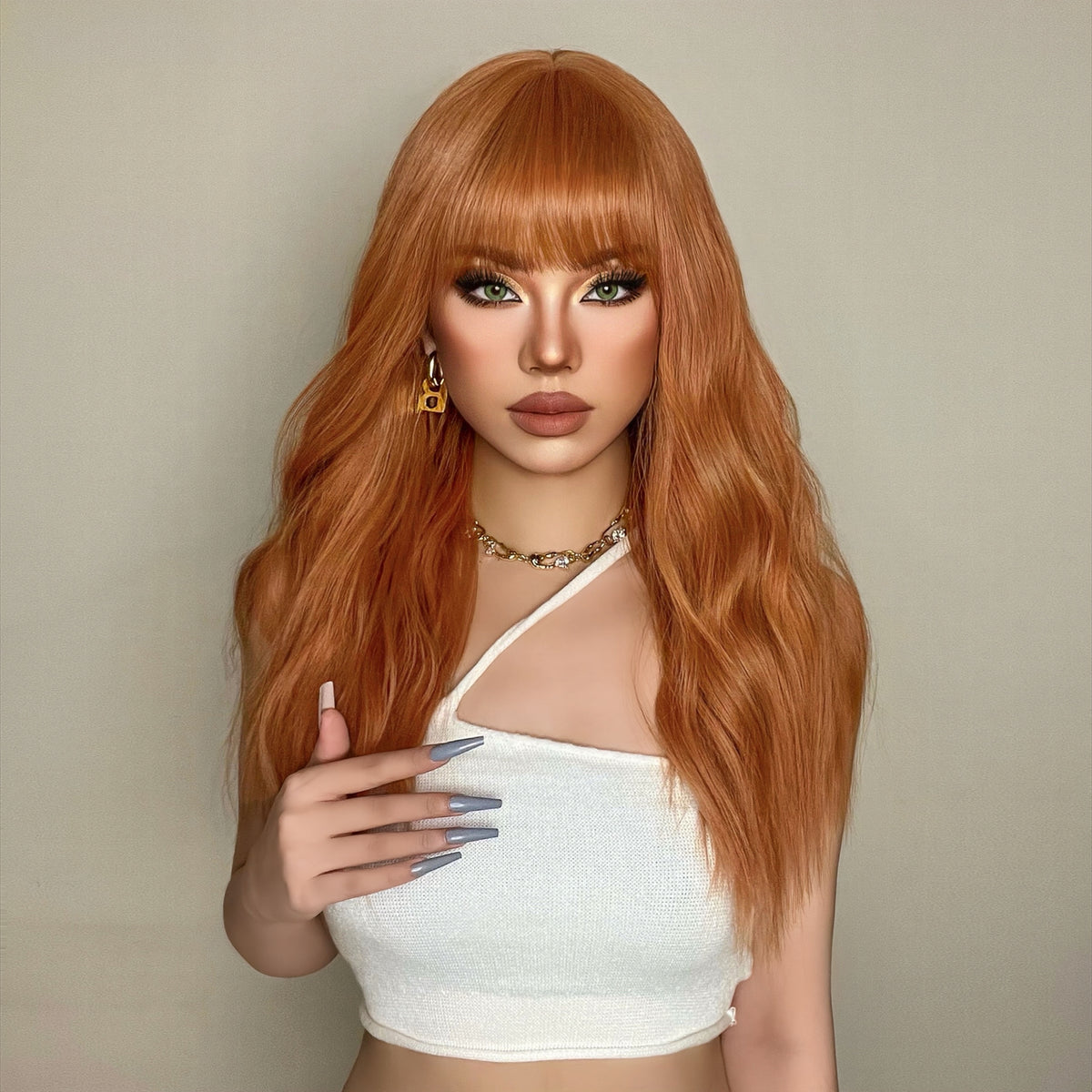 Women’s Orange Synthetic Long Hair Wig 50cm for Daily Use