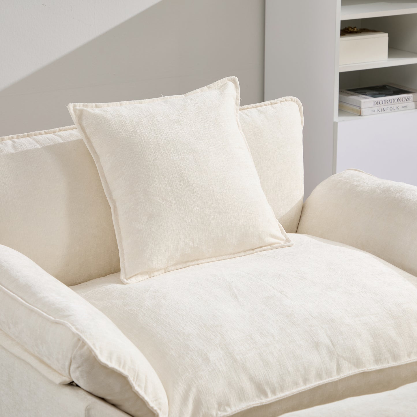 Modern Chenille Accent Chair with Ottoman - Beige Upholstered Armchair