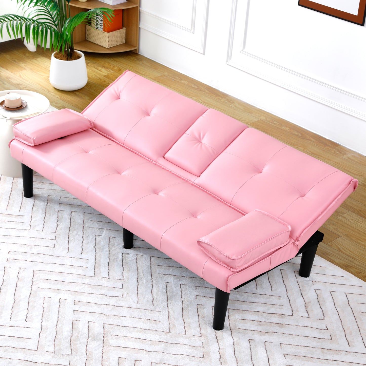 67-Inch Pink PVC Sofa Bed with Foldable Design & Cup Holder