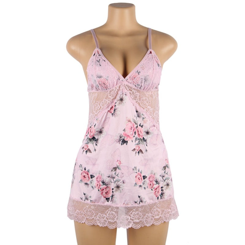 Plus Size Embroidery Lace Sleep Dress with Shorts - Pink & Black