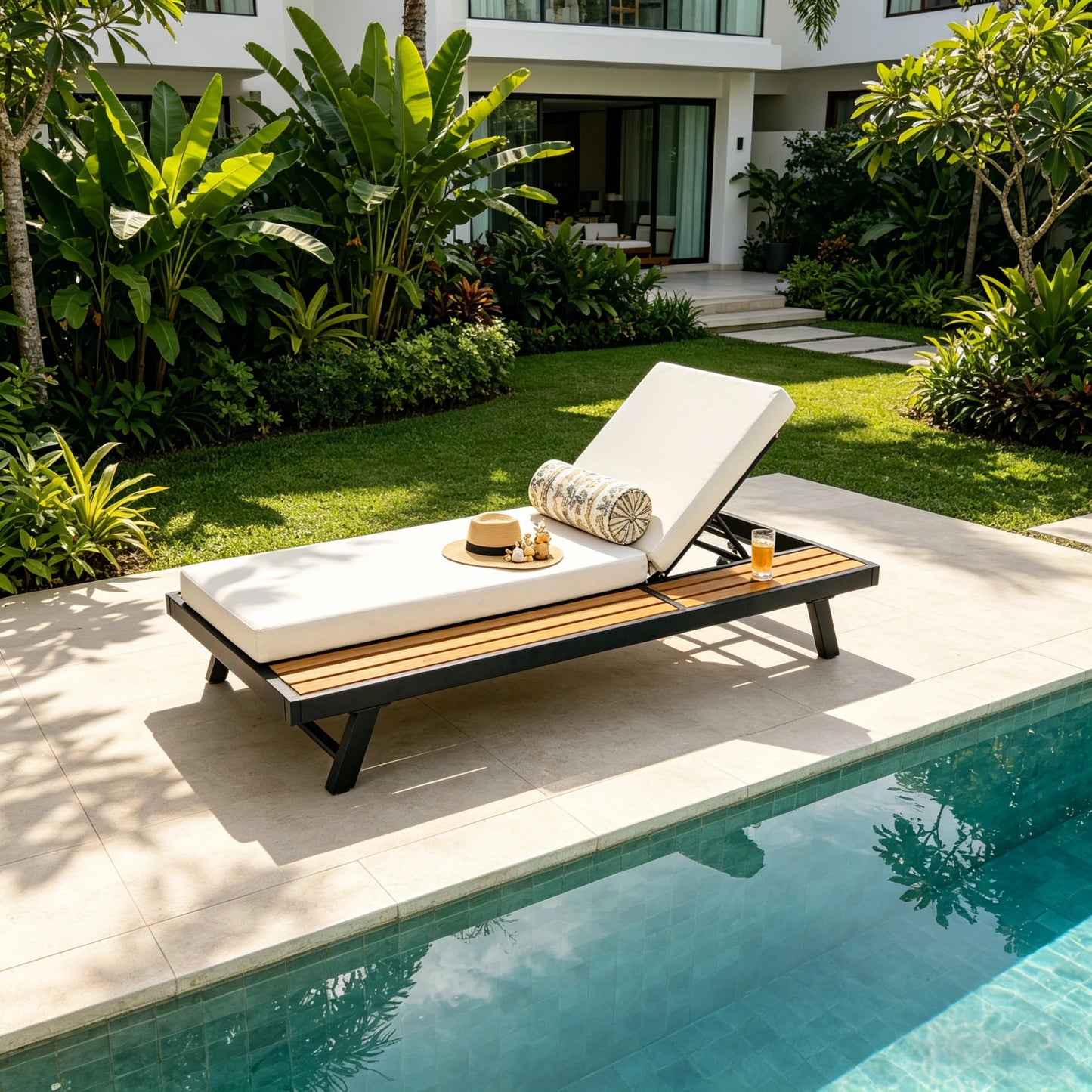 Chaise Lounge Set - Black Iron & Teak Finish with Cream Cushion